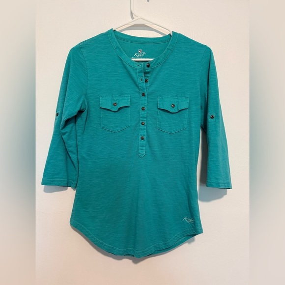Kuhl  Khloe Henley Top Teal 3/4 Sleeve Roll Tab Aqua Size Small - Picture 2 of 4